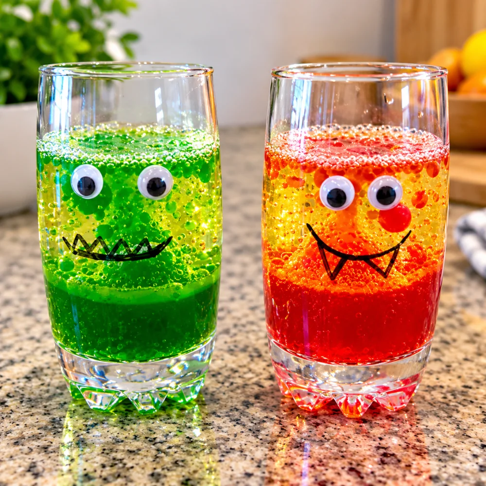 Vasos de monstruo con gelatina burbujeante de colores