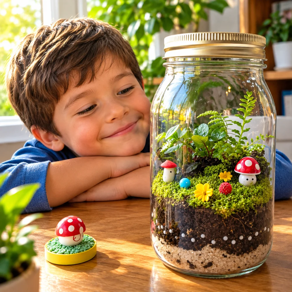 Niño sonriendo junto a un terrario casero con setas en un frasco
